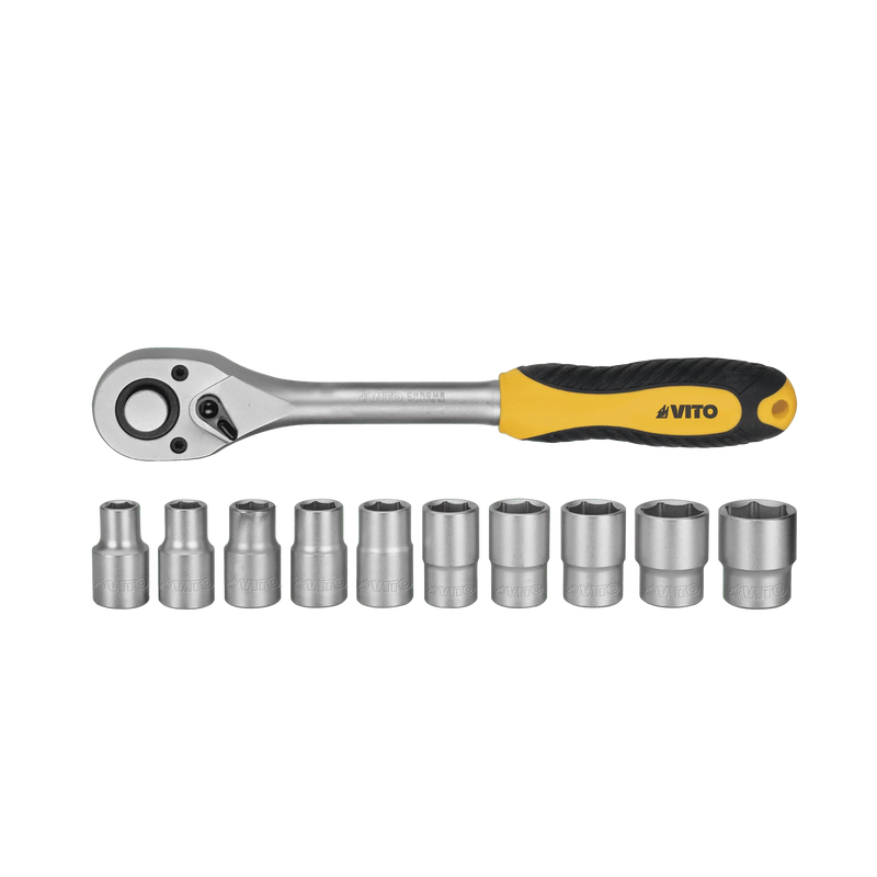 Jogo de Soquetes Vito (VIJR1211) de 1/2" com Cabo de Roquete - 11 Peças