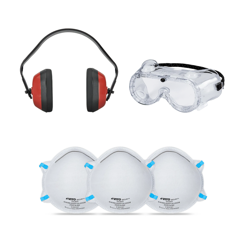 Kit de protección Vito (VIKPI) de 5 piezas: gafas, máscaras y protectores auditivos.