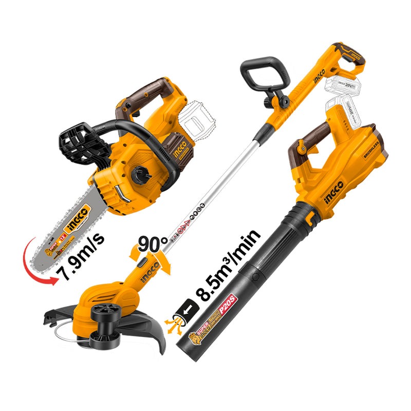 INGCO (COSLI241189E) Kit de jardinagem 3 em 1 sem escovas 20V + 2 baterias de 4,0Ah.