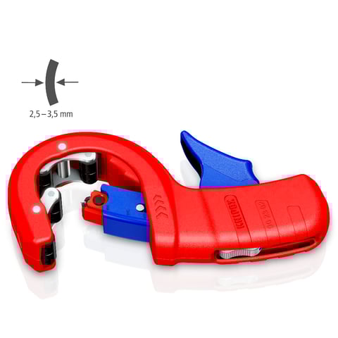 Cortador de tubos Knipex (90 23 02 BK) DPT50 para tubos de plástico de paredes espessas, incluindo tubos com núcleo de espuma. Corte e chanfro numa única etapa.