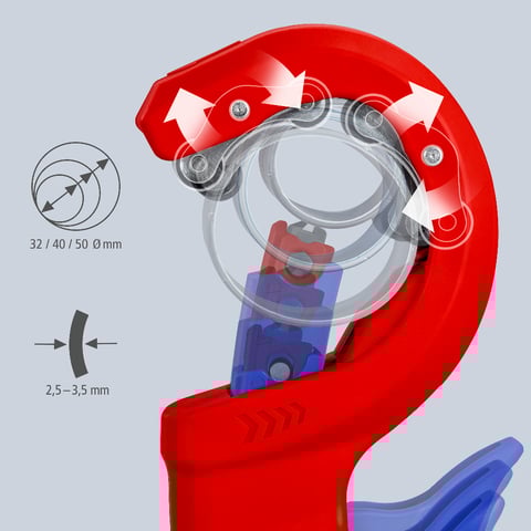 Cortador de tubos Knipex (90 23 02 BK) DPT50 para tubos de plástico de paredes espessas, incluindo tubos com núcleo de espuma. Corte e chanfro numa única etapa.