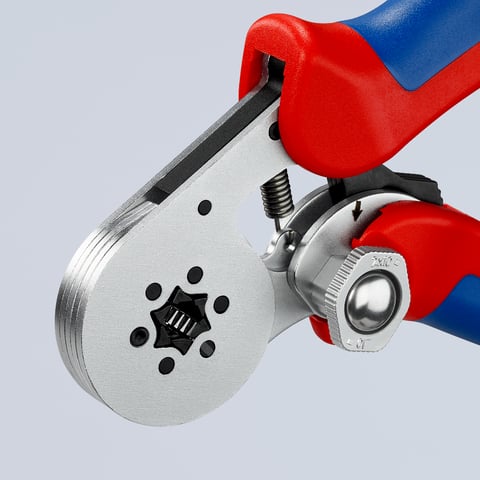 Alicate de cravação auto-ajustável Knipex (97 55 14) para terminais de fios com acesso lateral.