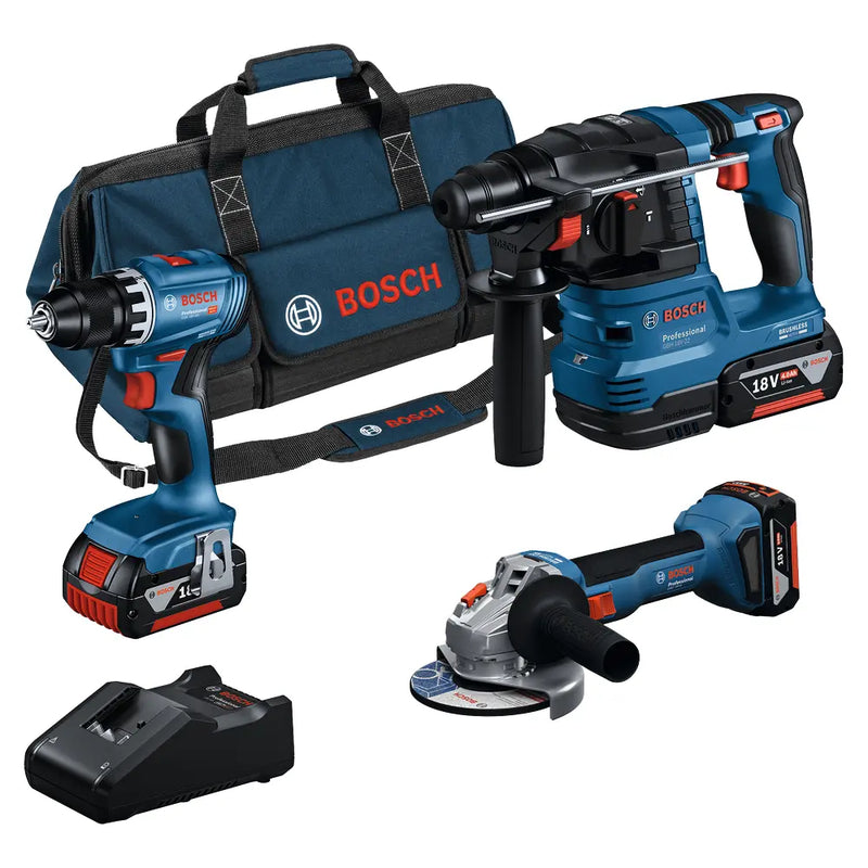 Kit Bosch GSR 18V-45 Berbequim + Rebarbadora Angular GWS 18V-8 + Martelo Rotativo GBH 18V-22 3x4.0Ah