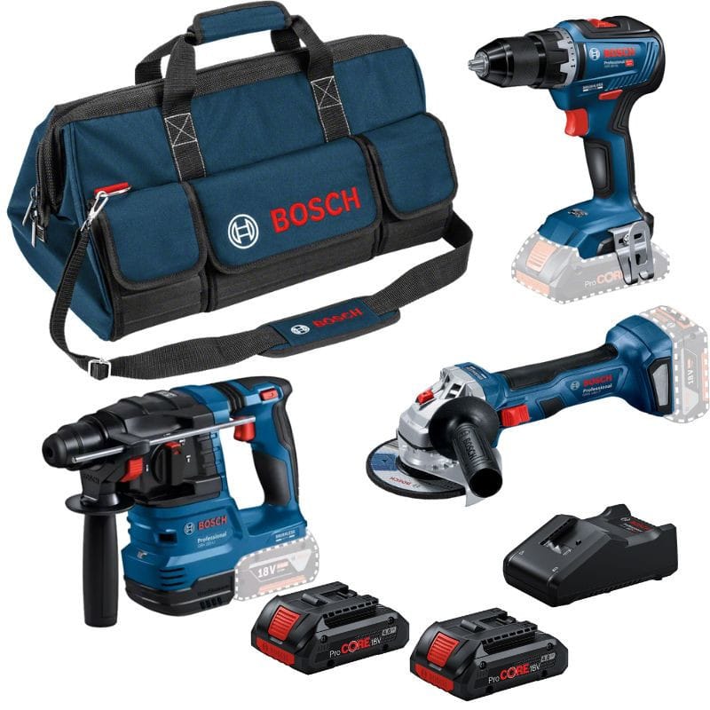 Kit Bosch: Taladro atornillador GSR 18V-55 + Amoladora angular GWS 18V-7 + Martillo perforador GBH 18V-22 + 2 baterías ProCORE de 4,0 Ah