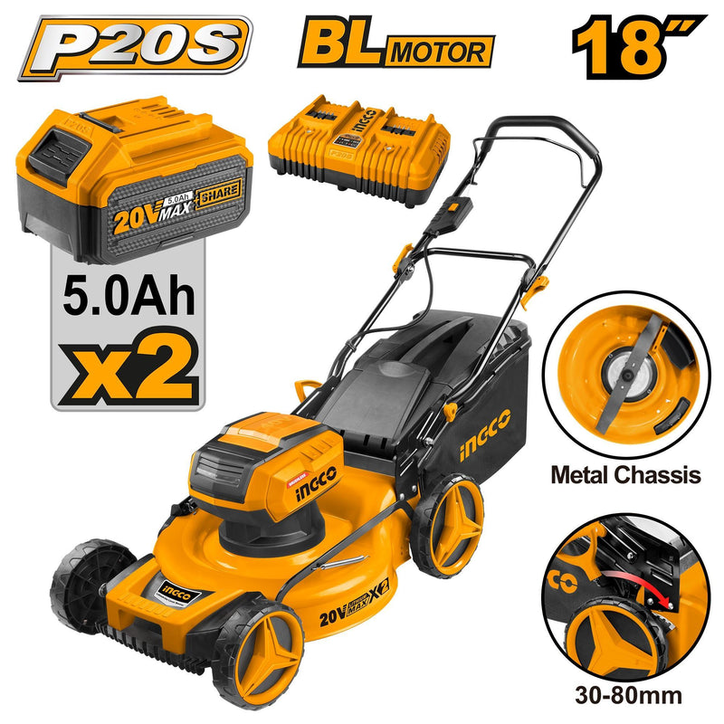 INGCO (LMLI20182) Brushless Cordless Lawn Mower 20V lithium 2 Batteries 5.0Ah